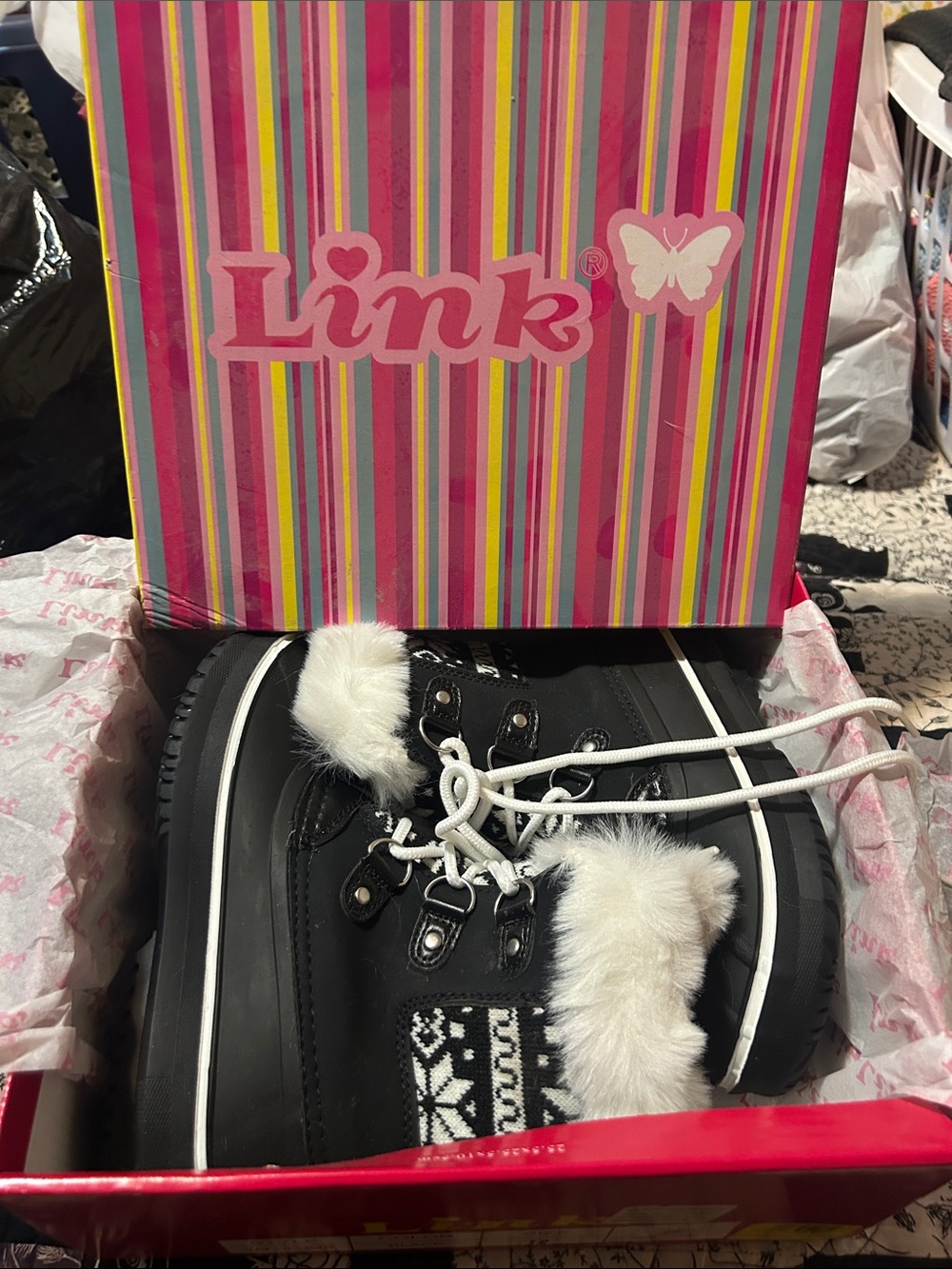 Link Kids Black & White Sweater Print Boots with White Faux Fur Trim